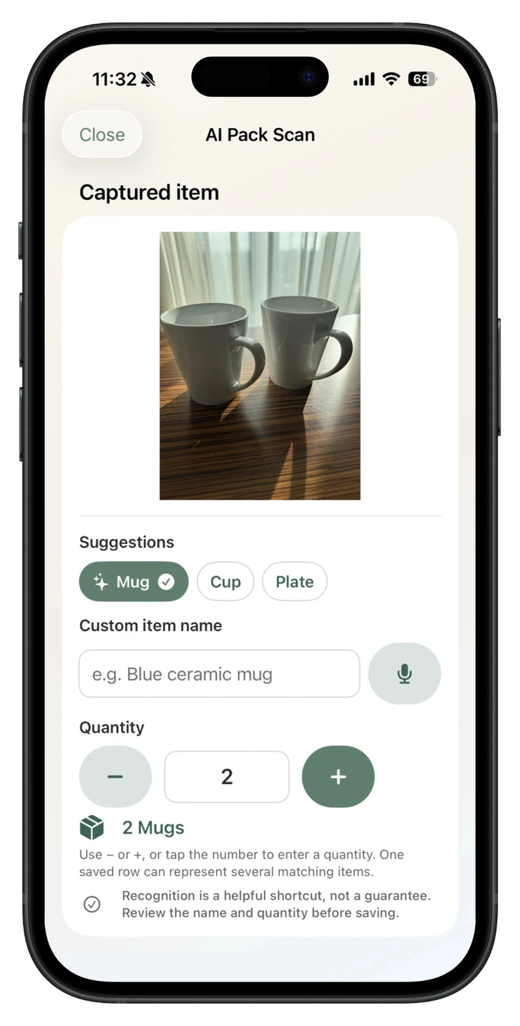 AI Pack Scan showing two mugs, editable suggestions and quantity