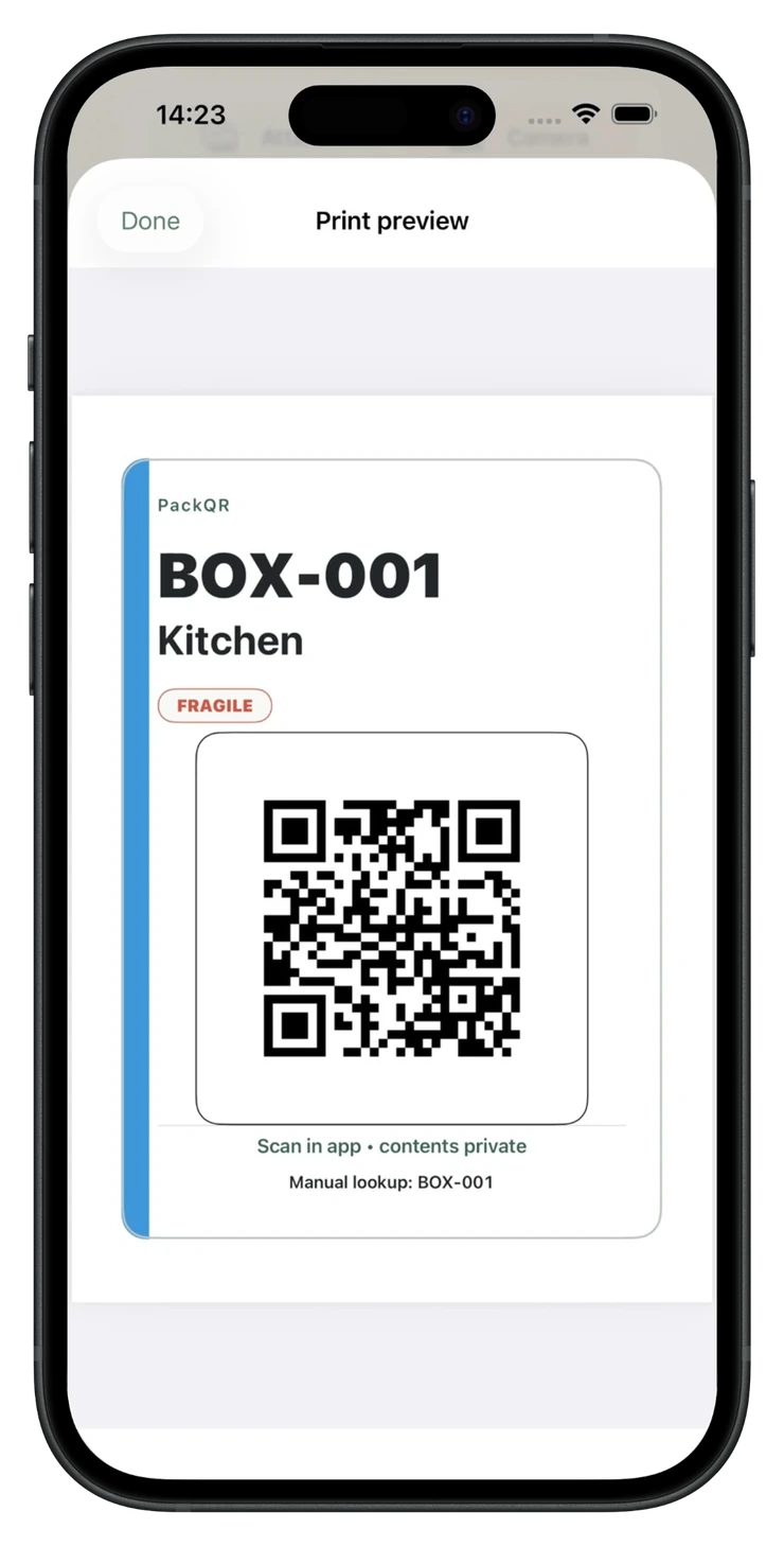 PackQR QR label print preview