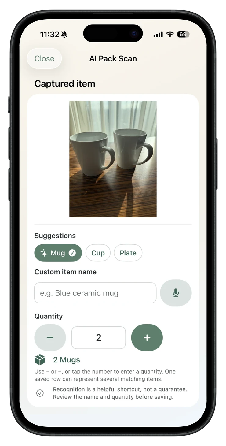 AI Pack Scan result showing two mugs, alternatives and quantity two