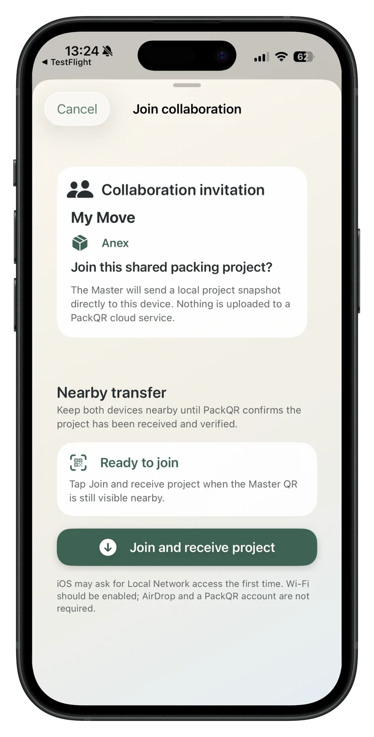 PackQR Join collaboration screen for a nearby local project transfer