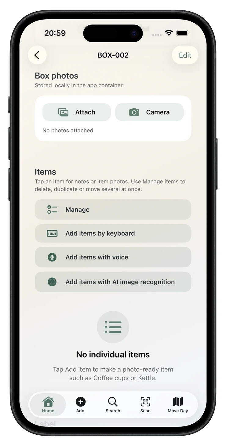 PackQR box detail showing keyboard, voice and AI image recognition entry