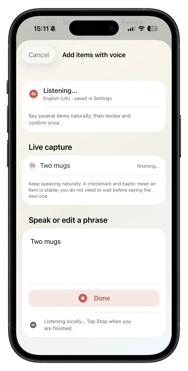 PackQR Add items with voice screen listening locally
