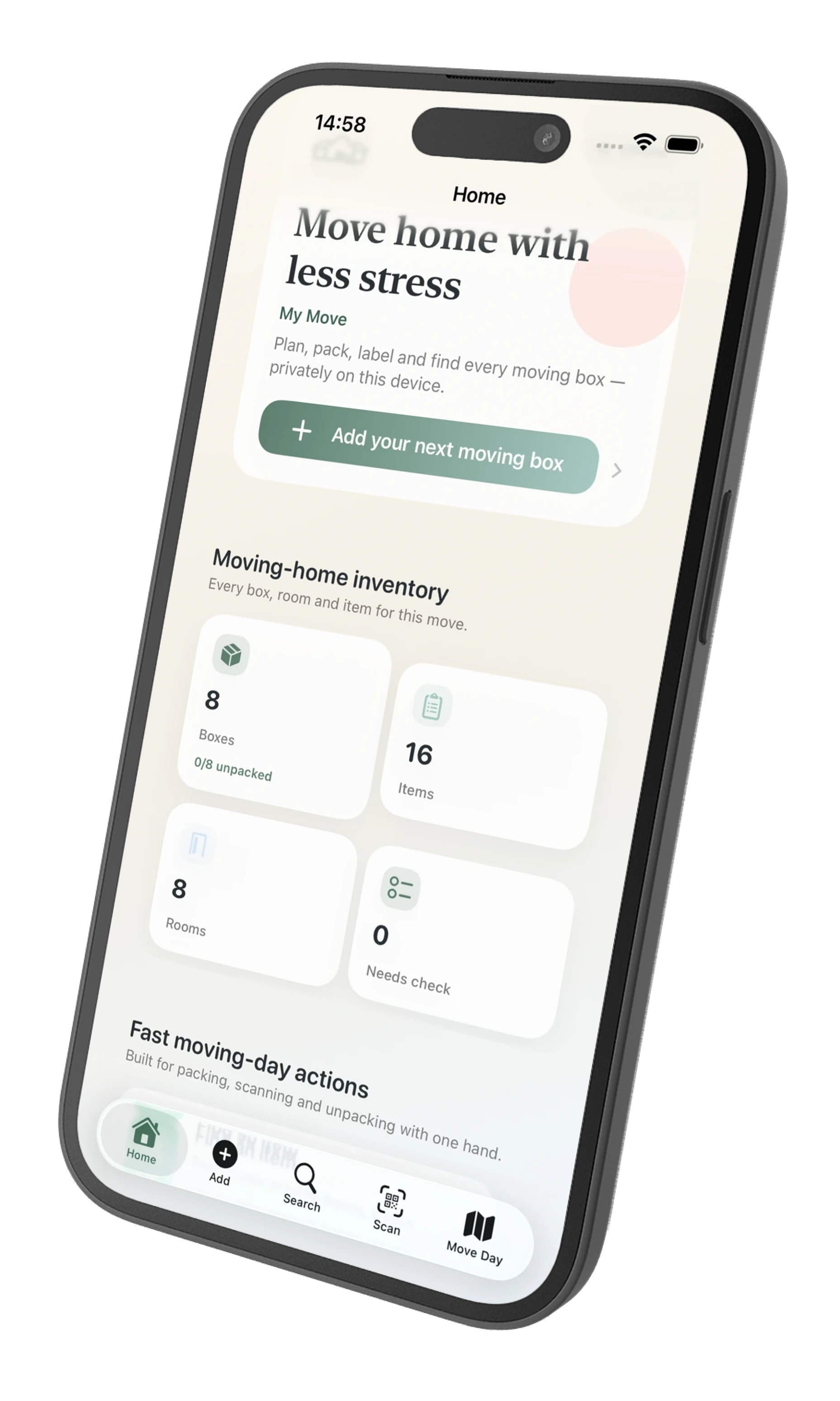 PackQR home screen showing rooms and moving boxes