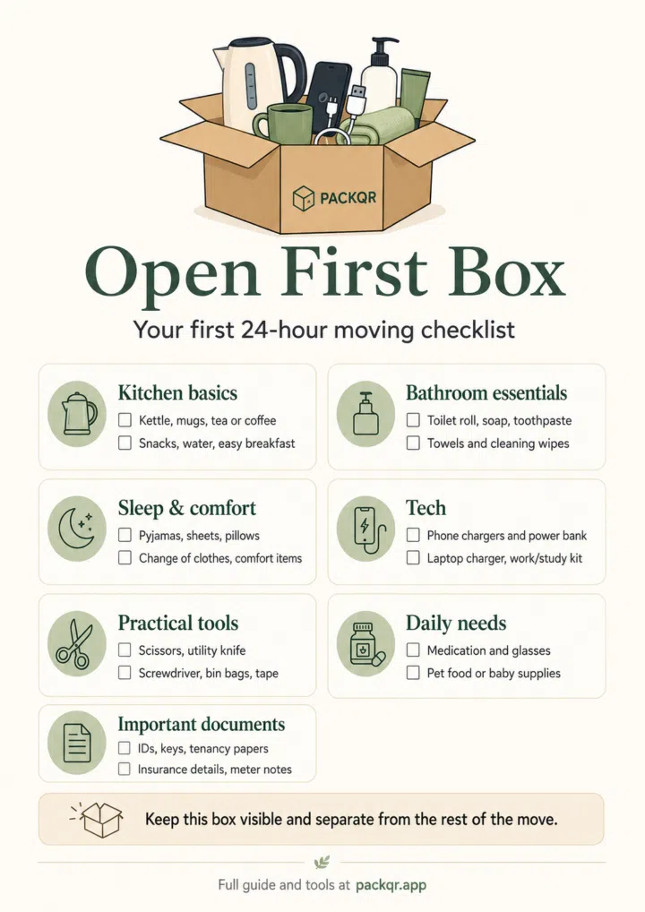 Open First Box moving checklist infographic preview
