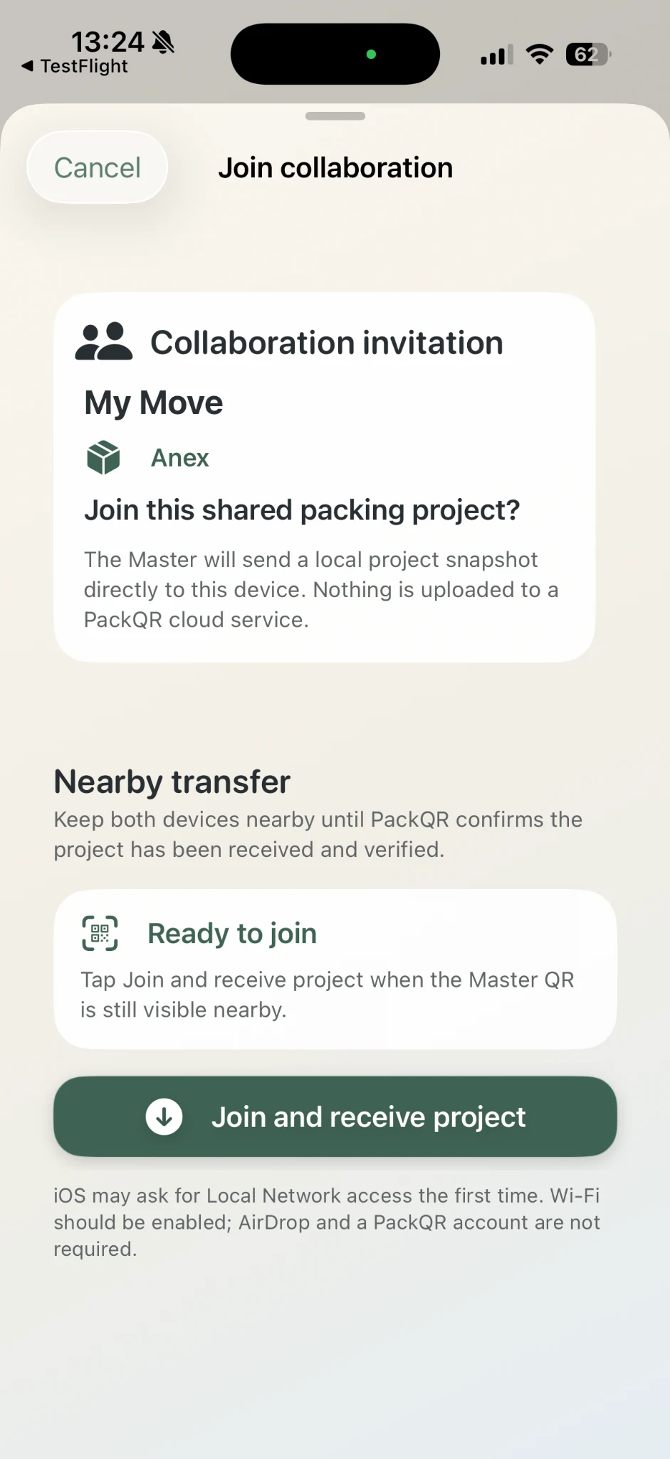 PackQR Join collaboration screen showing a local project invitation and Ready to join status