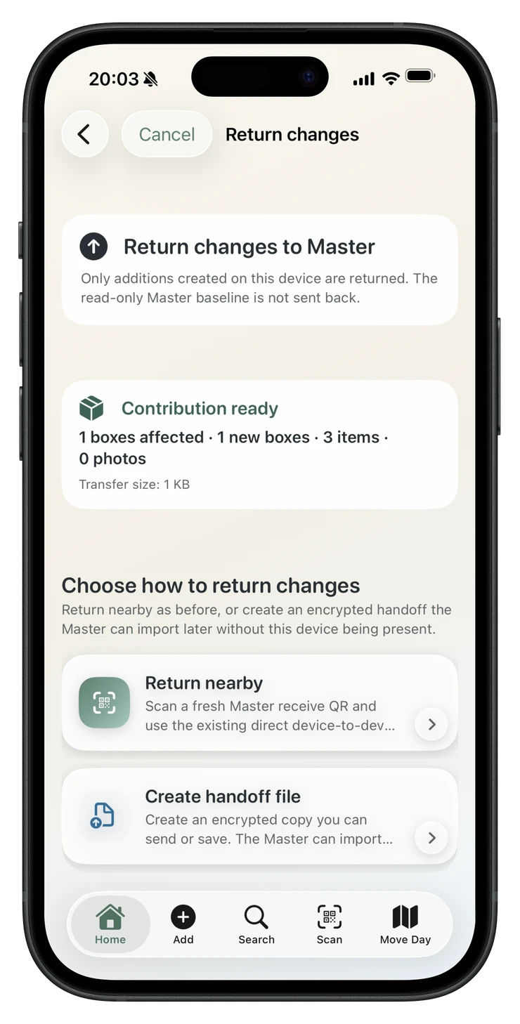 PackQR encrypted handoff screen ready to create a secure remote return file