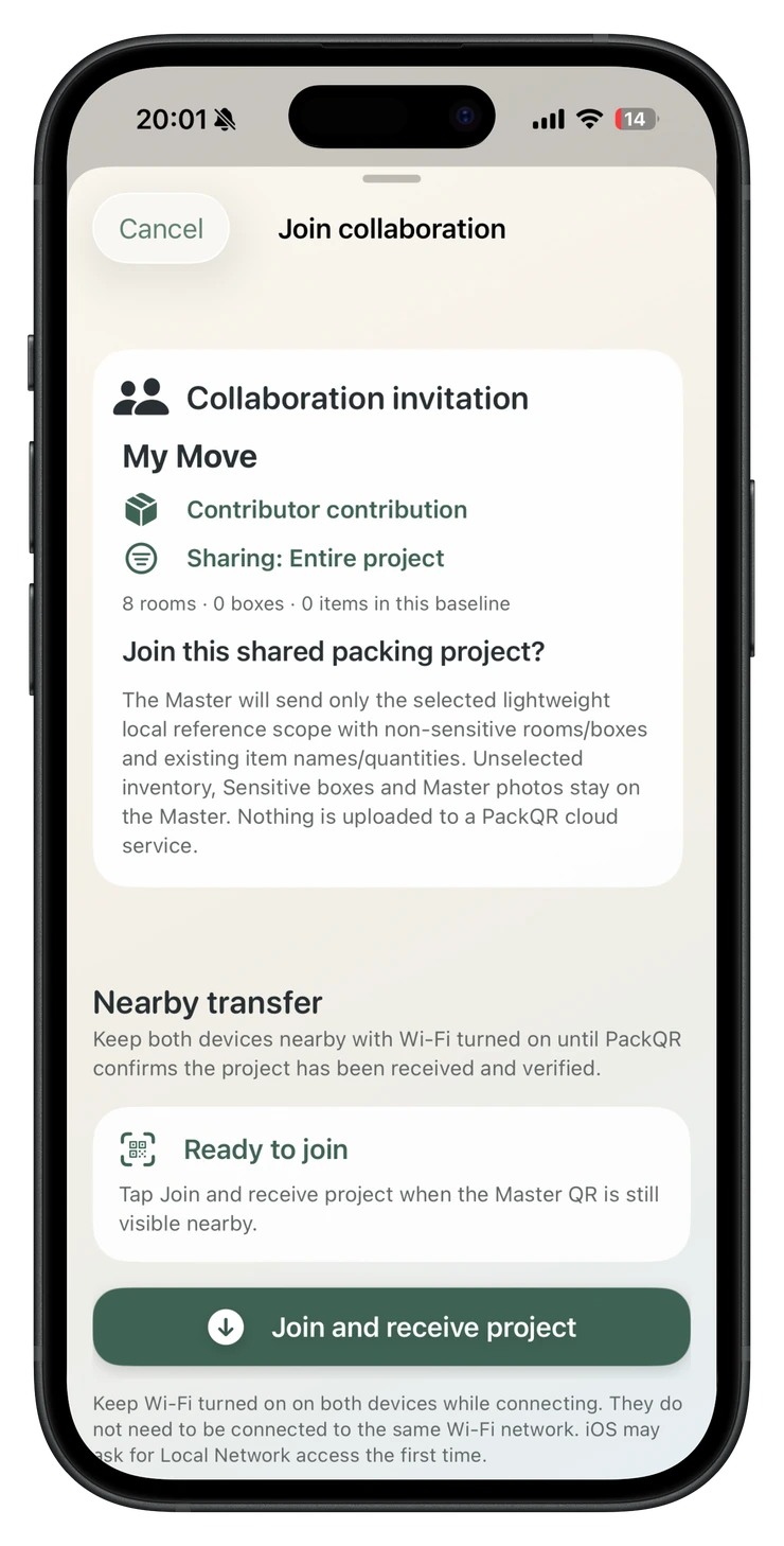 PackQR Join collaboration screen showing the nearby initial handoff