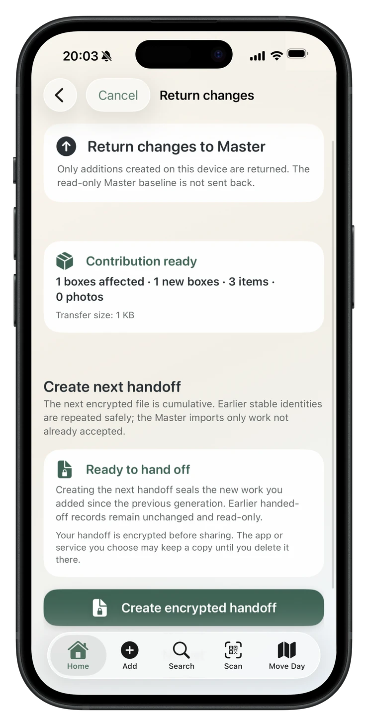 PackQR Return changes screen offering nearby return or an encrypted handoff file