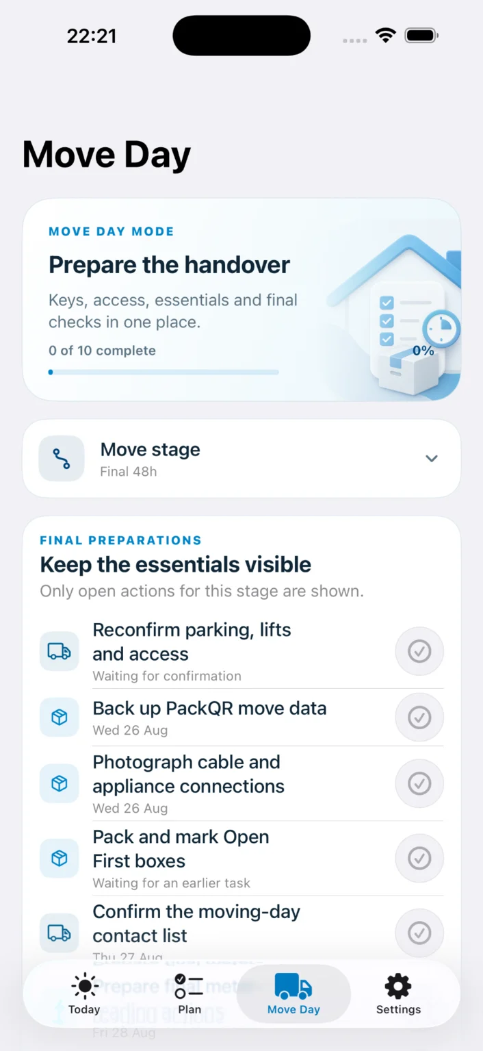 Move Planner Move Day screen showing the final 48 hour handover checklist