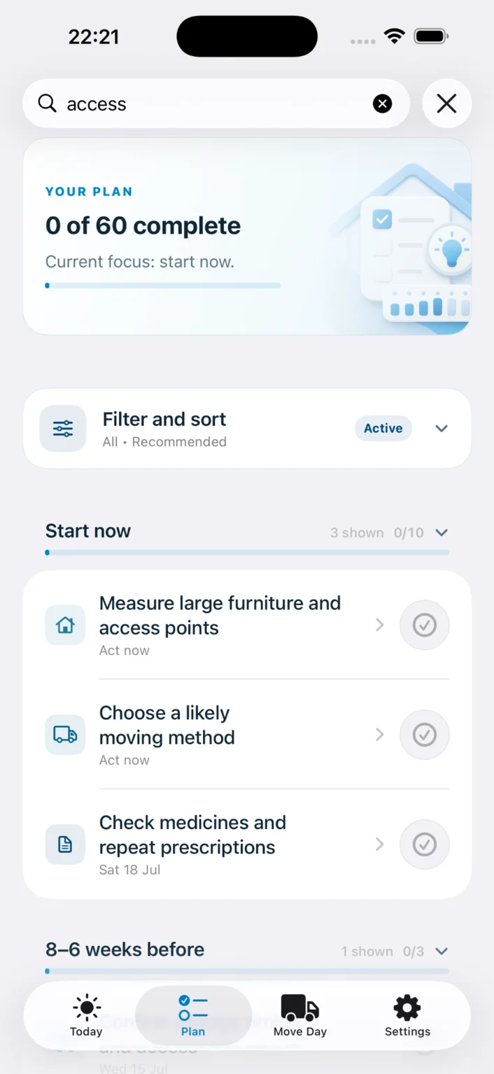 Move Planner Plan screen searching for access tasks and showing results grouped by moving phase