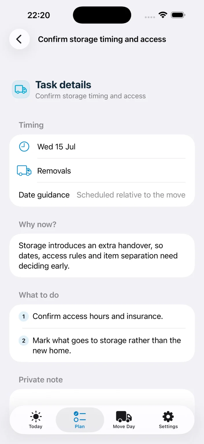Move Planner task details screen showing timing, a Why now explanation and two practical steps