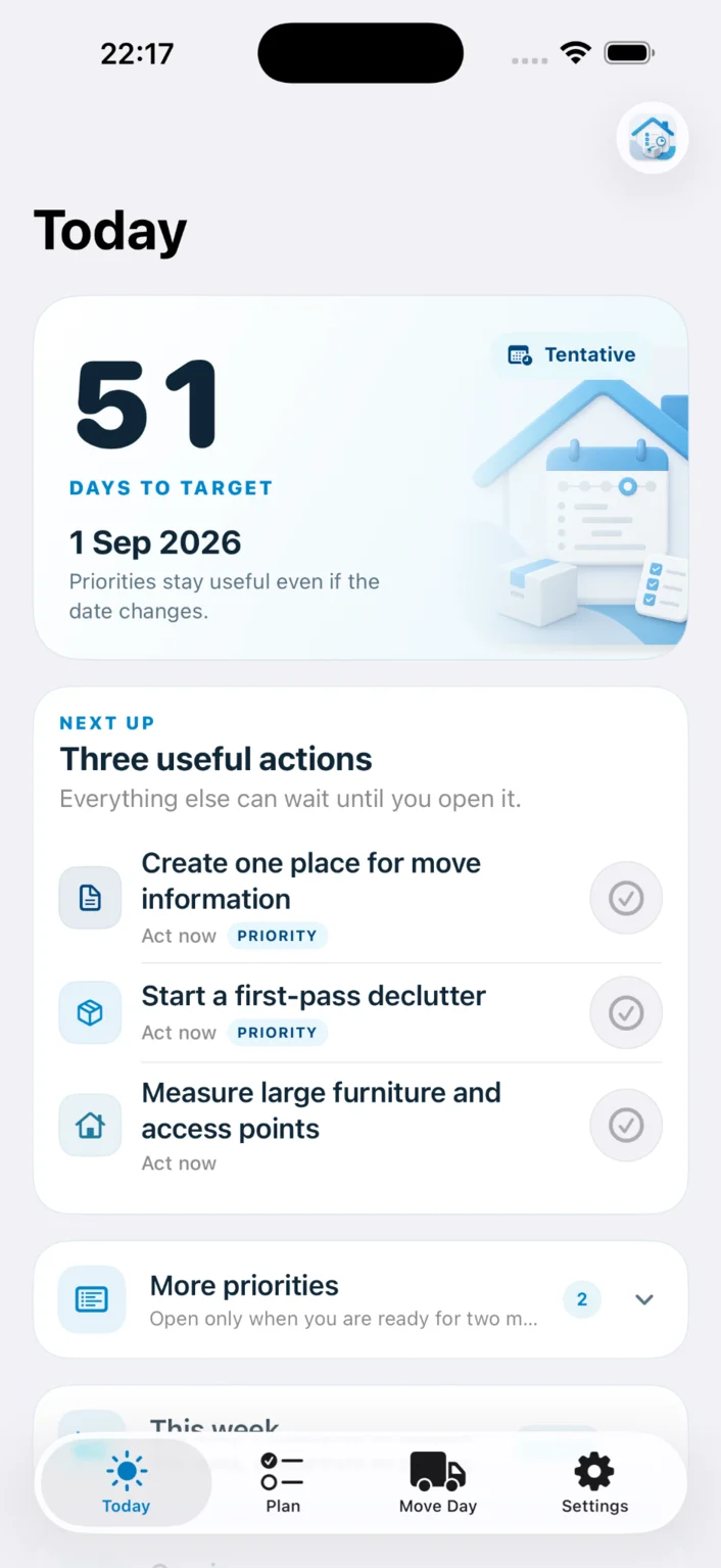 Move Planner Today screen showing a tentative move date 51 days away and three useful actions